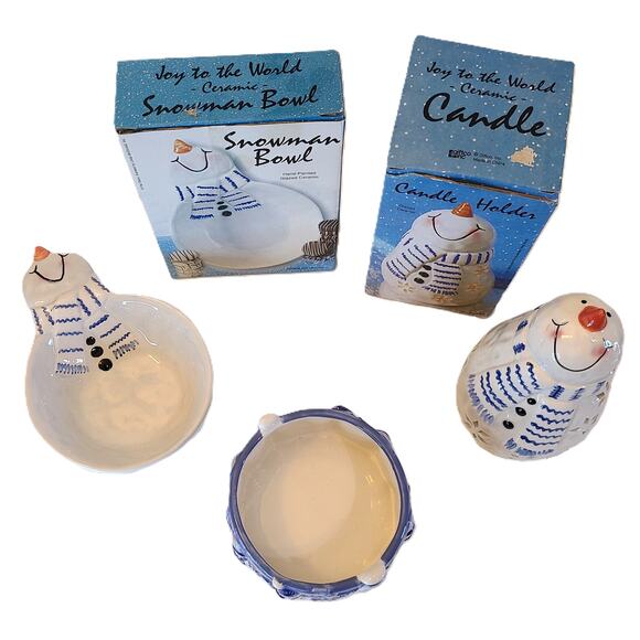 Christmas Holiday Snowman 2 Bowls 1 Tealight Holder Blue White Painted Ceramic - Picture 2 of 8
